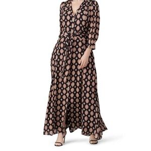 Nicholas Black Printed Silk Noura Tie Waist Maxi Dress Size 4